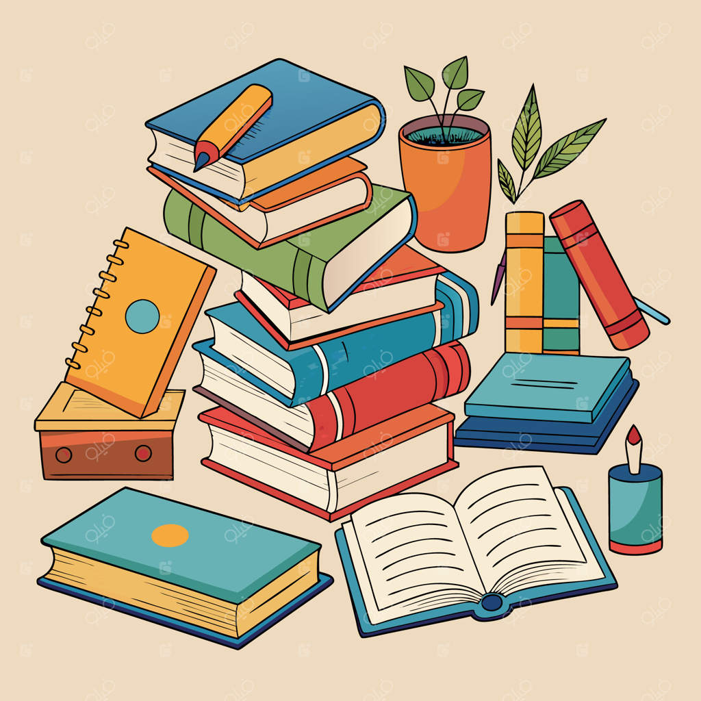 تصویرسازی خلاقانه و رنگارنگ آموزشی با کتاب‌ها و لوازم‌التحریر مدرسه