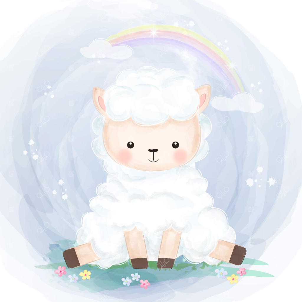 بره کوچولوی بامزه با طرح آبرنگی رنگین‌کمانی