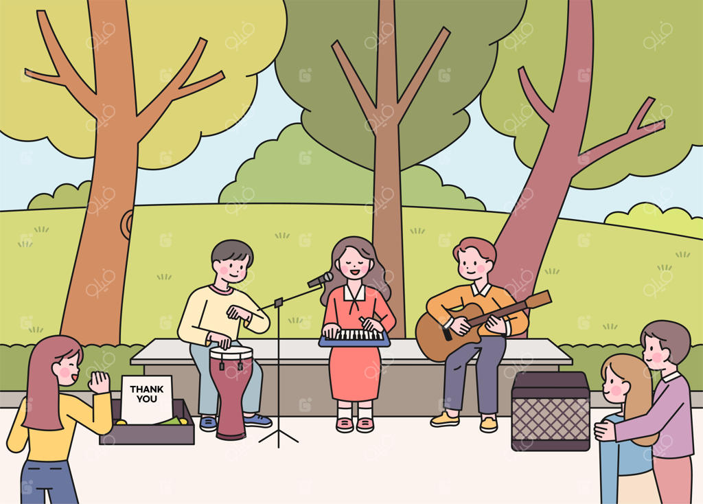 نوازندگان خیابانی در پارک مشغول نوازندگی هستند و مردم به موسیقی آن‌ها گوش می‌دهند.