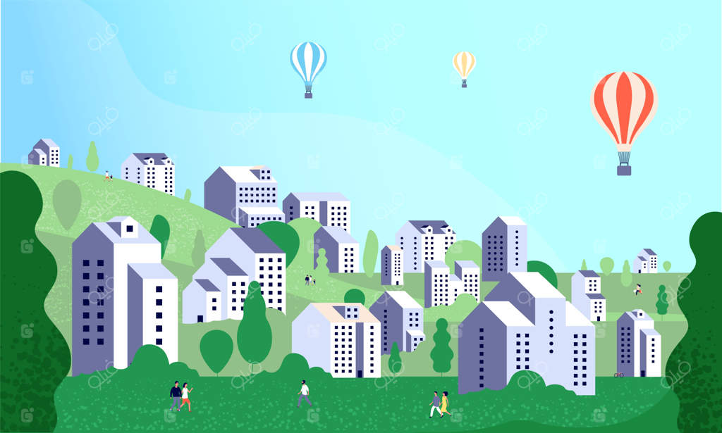 چشم‌انداز شهرک حومه: مردم در حال قدم زدن در منطقه ساختمان‌های جدید، بالن‌های هوای گرم در آسمان شهر، خانه‌های آپارتمانی در طبیعت - تصویرسازی وکتور