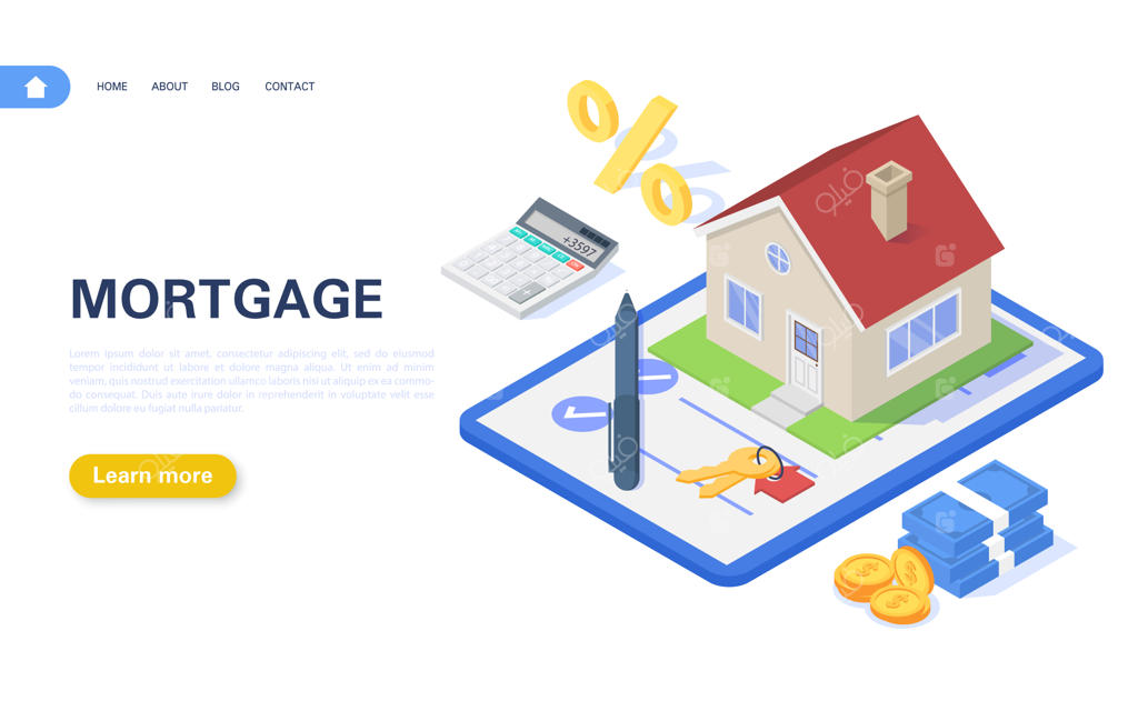 طرح بنر وام مسکن: ساختمان مسکونی با قرارداد وام بر روی زمینه سفید. خرید و اجاره املاک و مستغلات.