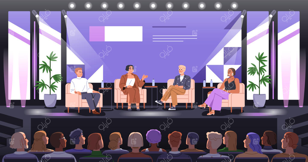 تصویرسازی وکتور فلت از میزگرد و گفتگوی سخنرانان در همایش و رویدادهای تجاری