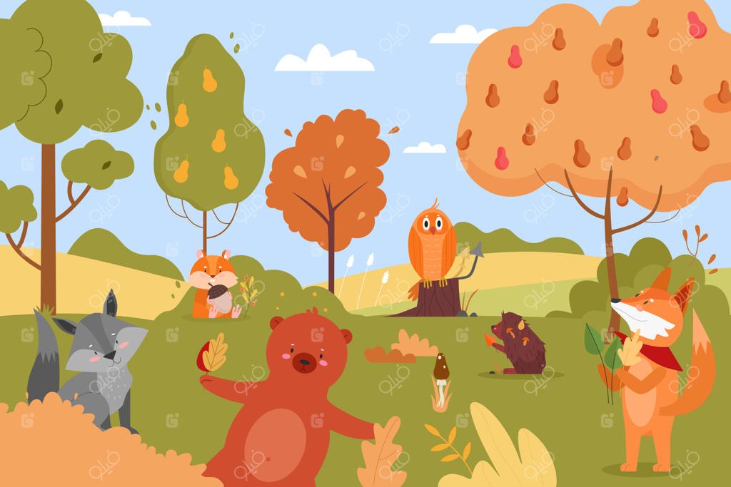 حیوانات در طبیعت پاییزی - شخصیت‌های کارتونی شاد در جنگل