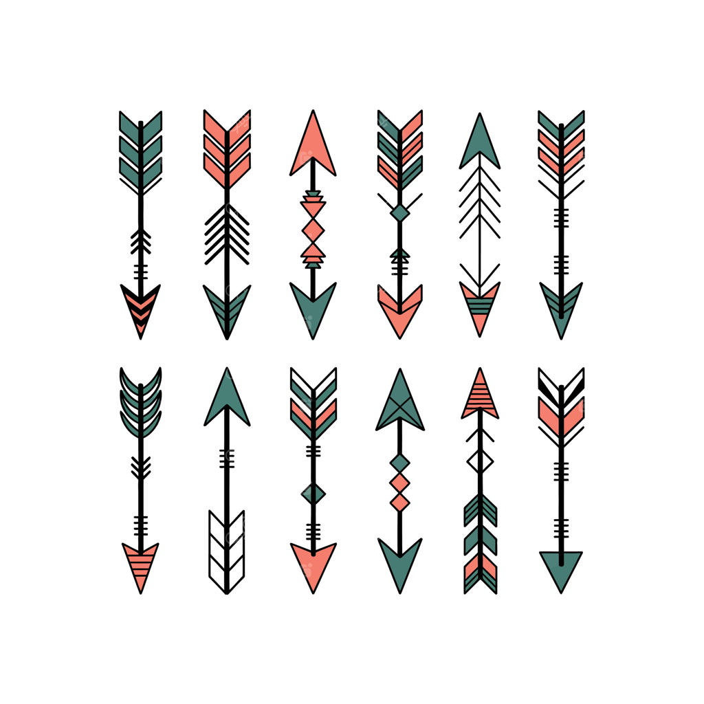 مجموعه‌ای از پیکان‌های قبیله‌ای با رنگ‌های فیروزه‌ای و مرجانی و خطوط سیاه به سبک بوهوی هندسی