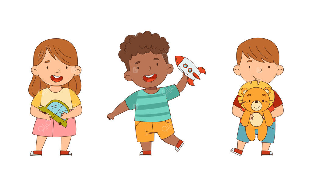 مجموعه‌ای از کودکان در حال بازی با اسباب‌بازی‌ها. پسر و دختری که ماشین، موشک و خرس عروسکی در دست دارند (تصویر کارتونی)