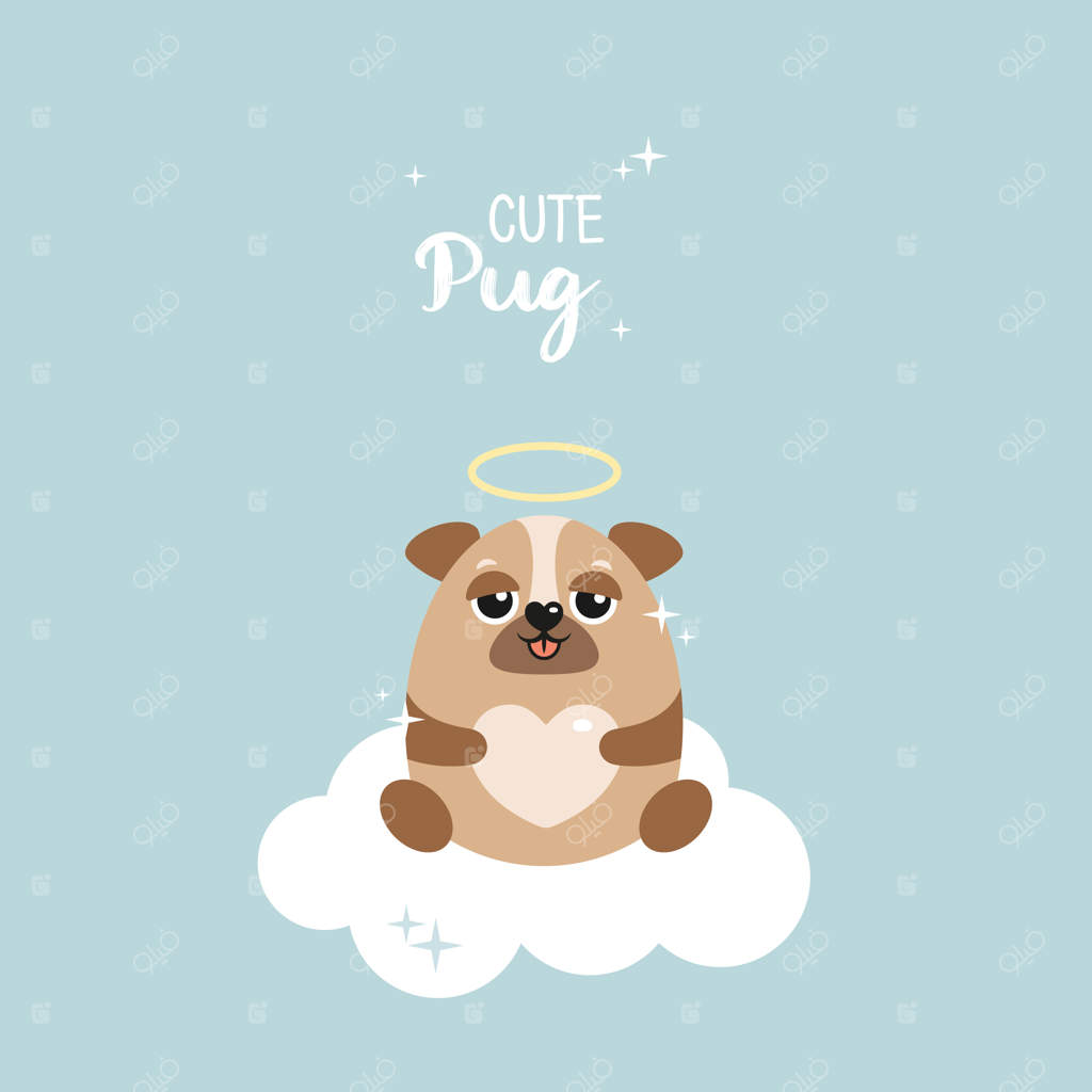 پاگ بامزه روی ابر. سگی مهربان با پس‌زمینه آبی وکتوری. ستاره‌ها، قلب. کارت‌پستال، پوستر، لباس، پارچه، کاغذ کادو.