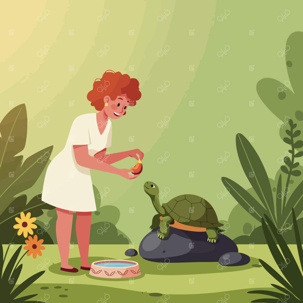 زن به لاک‌پشت در باغ آفتابی میوه می‌دهد