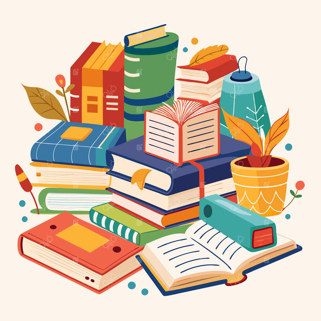 تصویرسازی آموزشی خلاقانه و رنگارنگ با کتاب‌ها و لوازم‌التحریر مدرسه