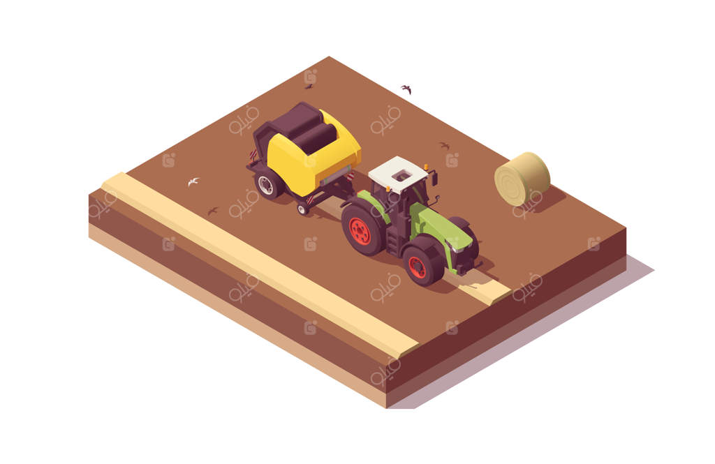 ترکیب بندی ایزومتریک تراکتور: تراکتور سبز چندضلعی با دستگاه گرده‌چین زرد در حال بسته‌بندی کاه - تصویرسازی وکتور