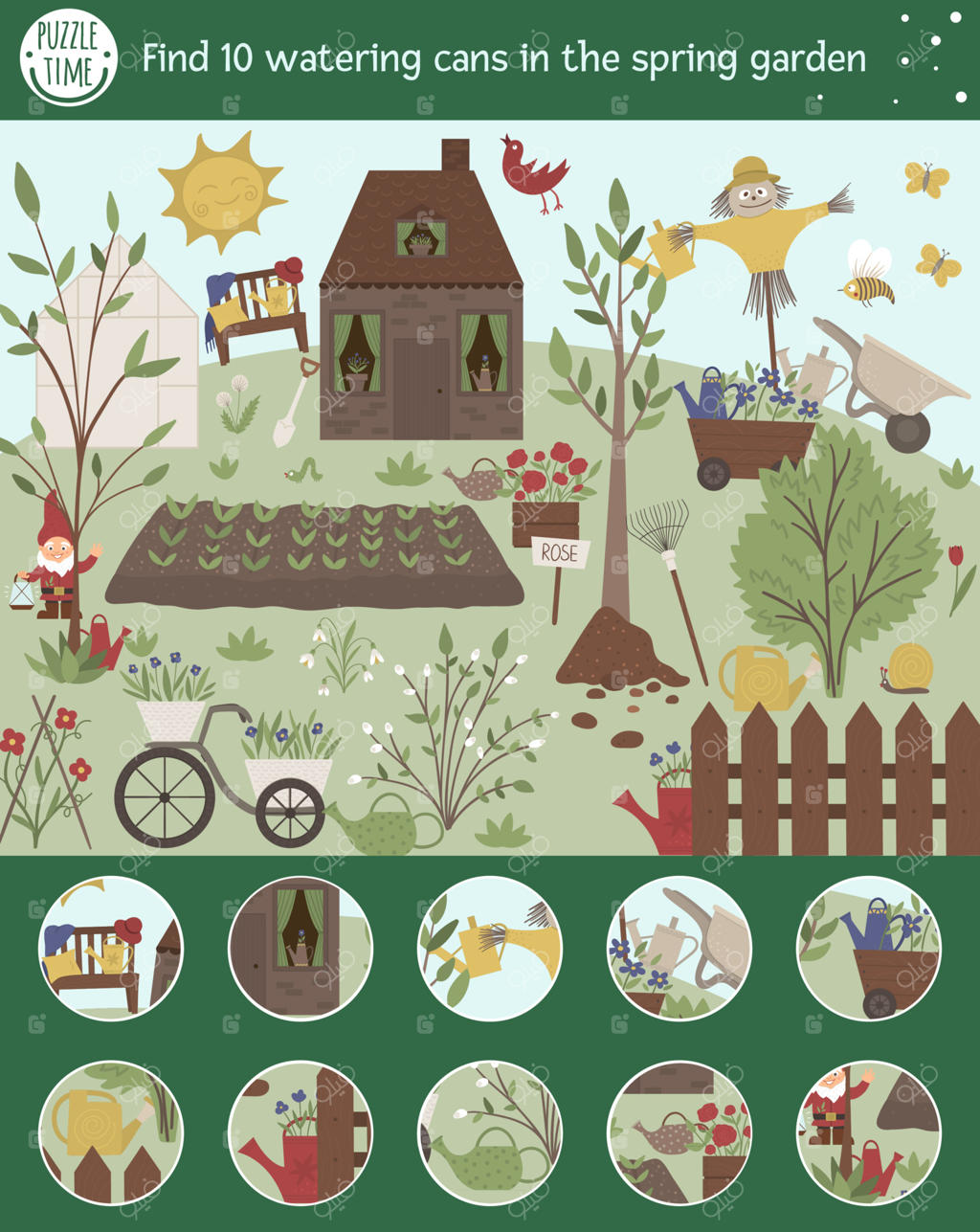 بازی جستجوی وکتور برای کودکان با آبپاش در باغ بهاری - صحنه‌ای بامزه. پیدا کردن اشیاء مخفی.