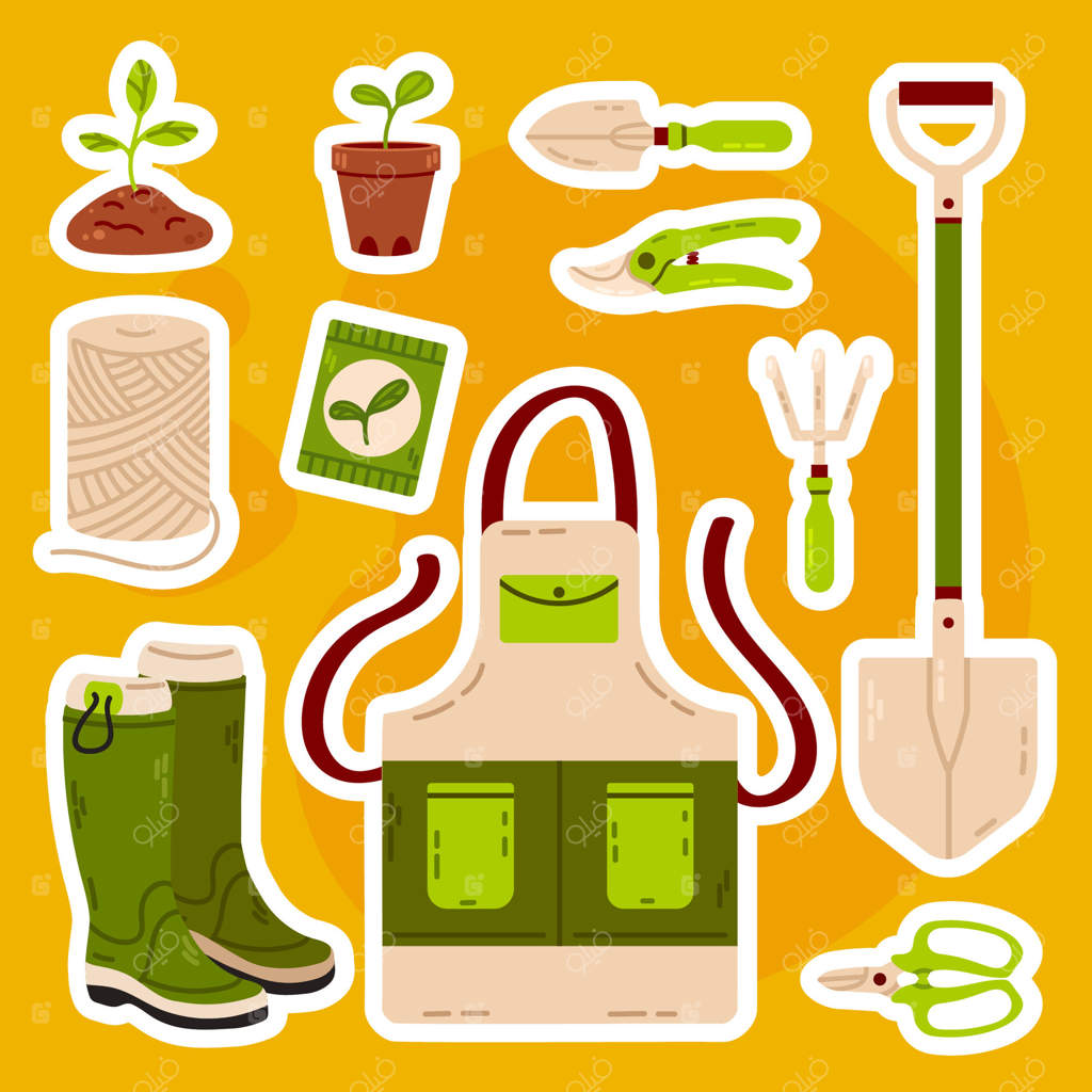 مجموعه سبز برچسب‌های باغبانی شامل ابزارها، گیاهان، فرغون‌ها، دستکش‌ها، چکمه‌ها، آب‌پاش‌ها و بسته‌های بذر. مناسب برای برنامه‌ریزان باغ.