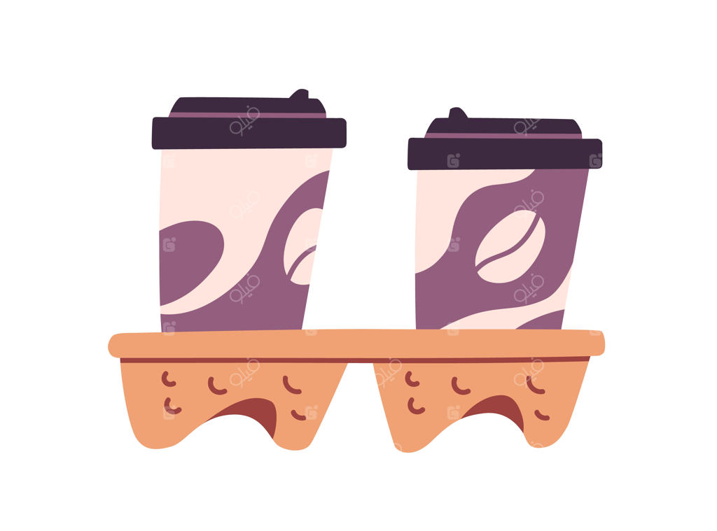 لیوان‌های قهوه بیرون‌بر در جایگاه مقوایی: نوشیدنی‌های داغ با لیوان‌های کارتنی و درب‌ پلاستیکی. دو کاپوچینو بیرون‌بر در نگهدارنده‌ کاغذی. تصویر برداری شده، مناسب برای زمینه سفید.