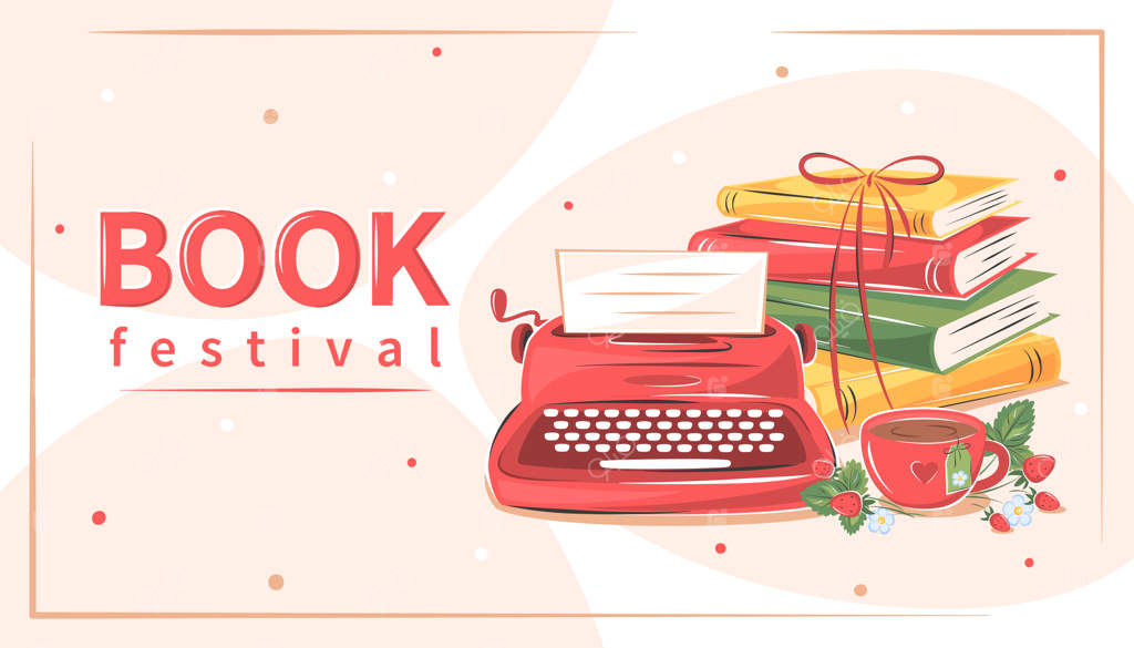 بنر جشنواره کتاب تابستانه: ماشین تحریر قدیمی، کتاب‌ها، فنجان چای با گل‌ها و توت‌فرنگی‌ها