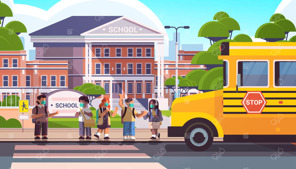 دانش‌آموزان مختلف‌نژاد با ماسک برای پیشگیری از کرونا در کنار اتوبوس مدرسه ایستاده‌اند