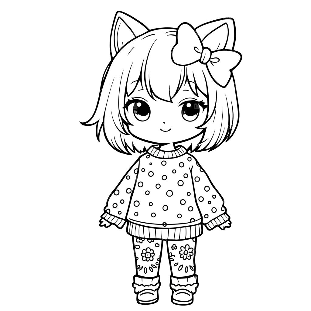 صفحه رنگ‌آمیزی خطی شخصیت دختر گربه‌ای بامزه با لباس خواب خال‌خالی و شلوار گلدار