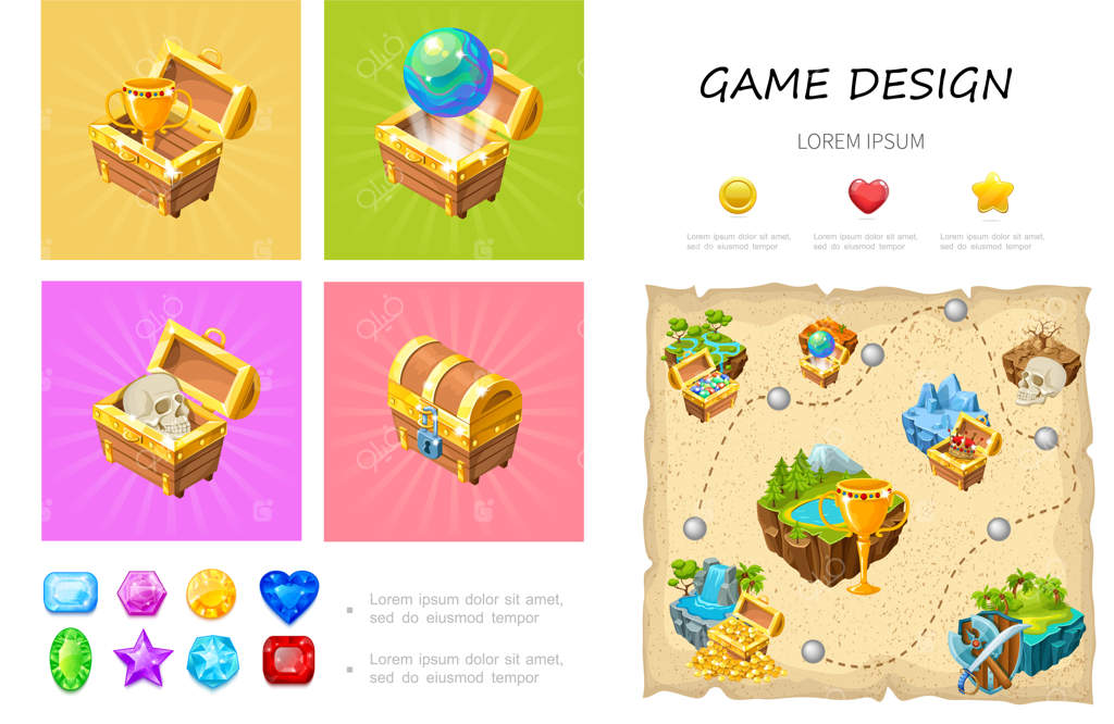 ترکیب رابط کاربری بازی کارتونی با کره جمجمه فنجانی و جواهرات رنگارنگ در صندوقچه‌های گنج، همراه با دکمه‌های قلب، ستاره و دایره و طراحی مراحل