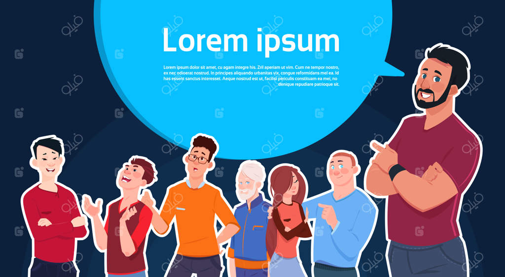 مردی ایستاده بر فراز حباب بزرگ گفتگو با فضای خالی در پس‌زمینه گروهی از افراد مختلف نژادی