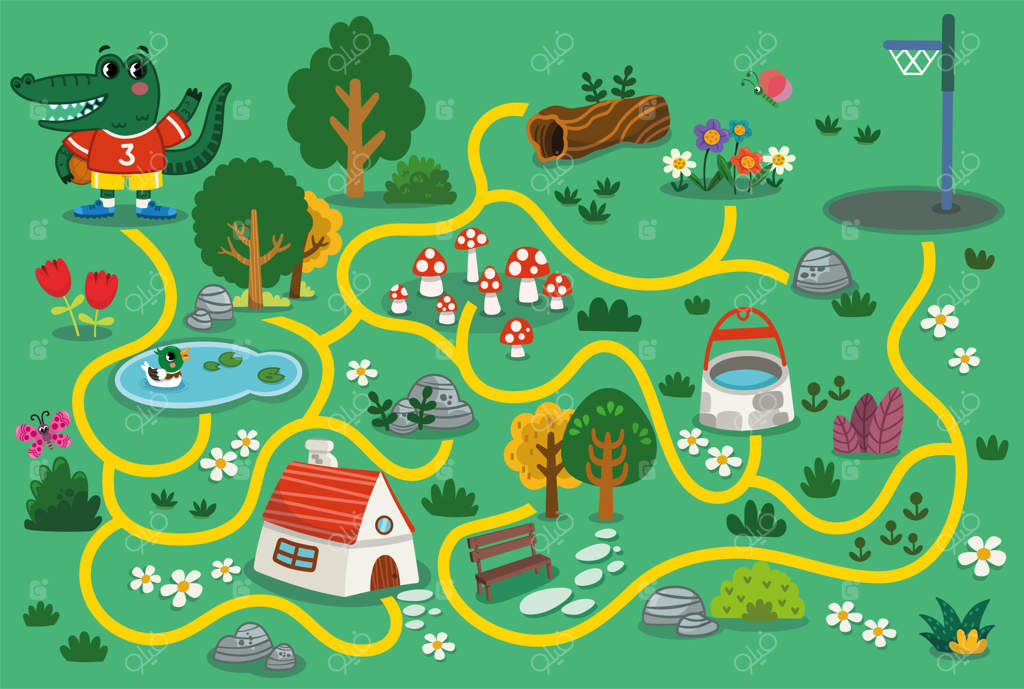 کمک به کروکودیل برای رسیدن به زمین بسکتبال - تصویر جورچین کودکانه