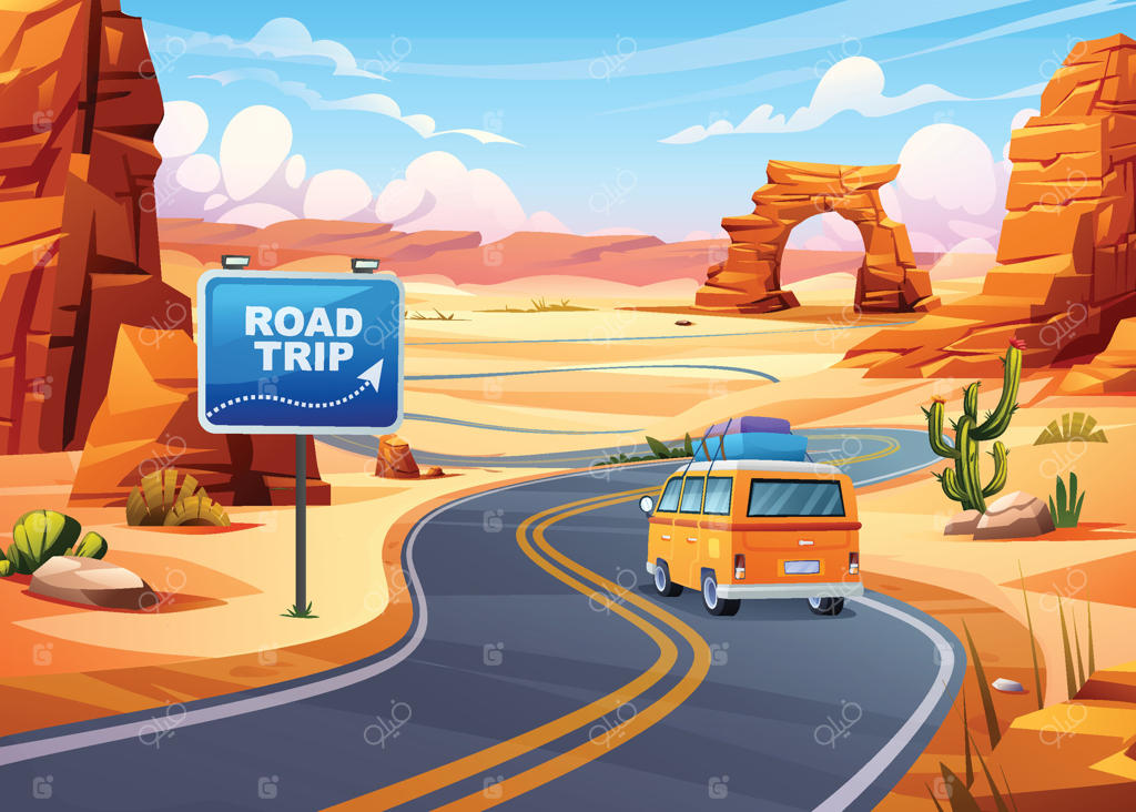 سفر جاده‌ای با ماشین از جاده پیچ در پیچ کویری، عبور از کنار صخره‌ها و تابلوها. تصویرسازی کارتونی