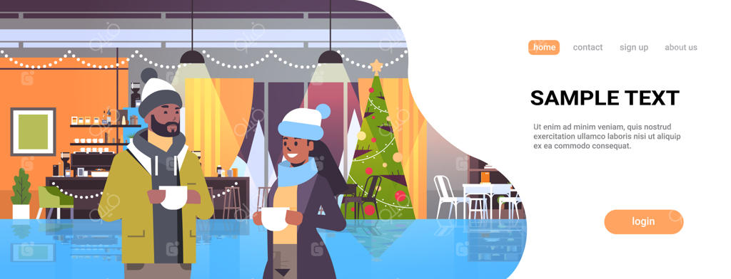 زوجی در حال نوشیدن قهوه و بحث در جلسه؛ کریسمس مبارک، سال نو مبارک، تعطیلات زمستانی در کافه‌ای مدرن - صفحه فرود