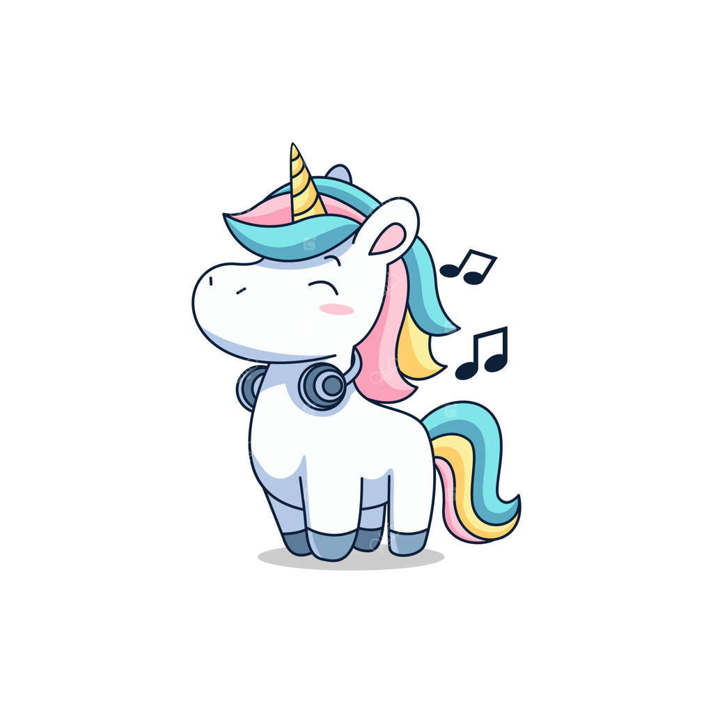 تک‌شاخ کارتونی تپل و بامزه در حال گوش دادن به موسیقی