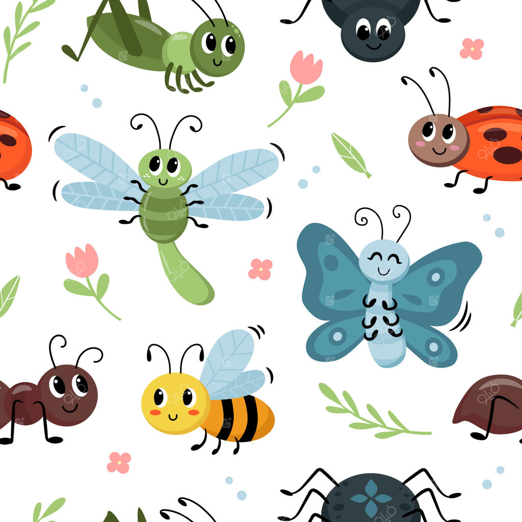 حشرات و گل‌های کارتونی رنگارنگ