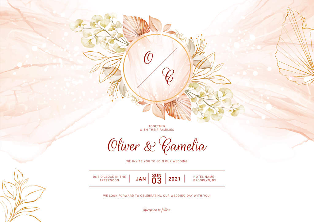 کارت دعوت عروسی با طراحی گل‌های پاستلی و منظره طبیعی