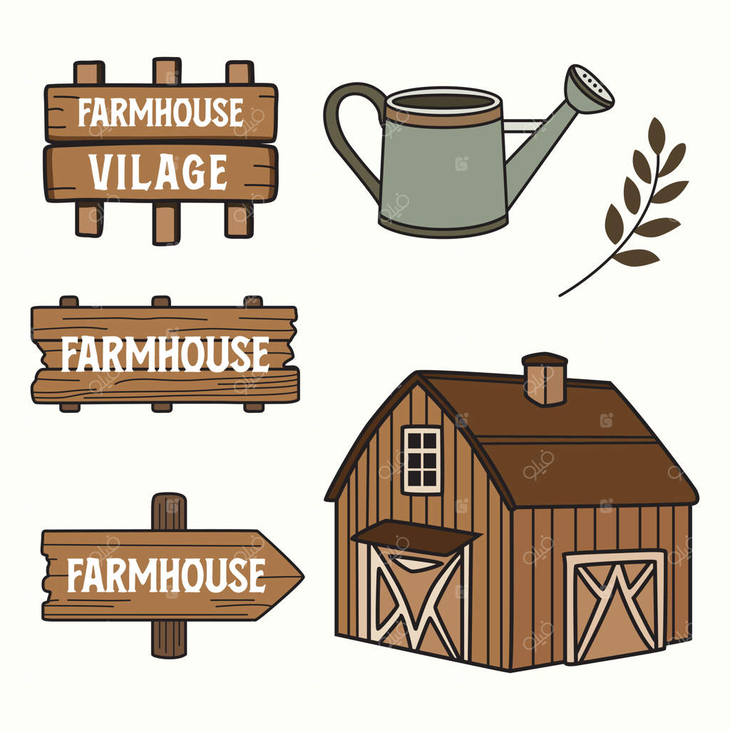 مجموعه‌ تصویرسازی روستایی الهام‌گرفته از زندگی در خانه‌های مزرعه‌ای، شامل تابلوهای چوبی، یک انبار و عناصر باغ. ایده‌آل برای طرح‌های خلاقانه با تم روستایی و پروژه‌های دیداری دنج.