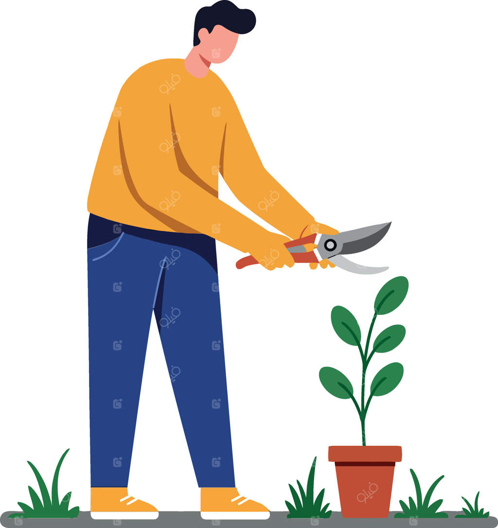 باغبان در حال هرس برگ‌های گیاه به سبک تصویرگری تخت