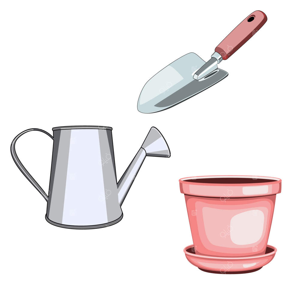 بیلچه باغبانی، آب‌پاش فلزی و گلدان سرامیکی در سبک تخت