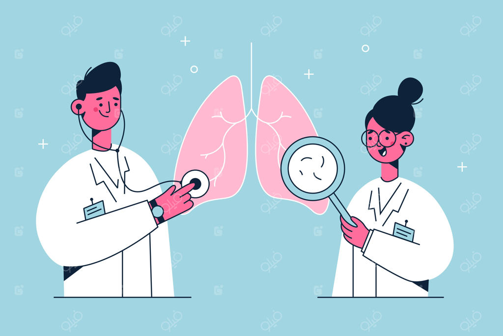 شخصیت‌های کارتونی پزشکان جوان در لباس سفید در حال معاینه ریه و سیستم تنفسی برای بررسی بیماری‌ها و مشکلات – تصویرسازی