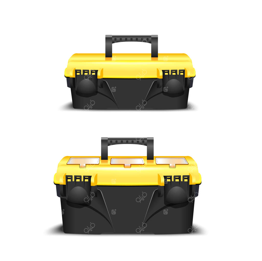 دو جعبه ابزار پلاستیکی سیاه با درب زرد. کیت ابزار مناسب برای سازندگان یا فروشگاه‌های صنعتی. جعبه‌ ابزار واقعی برای وسایل.