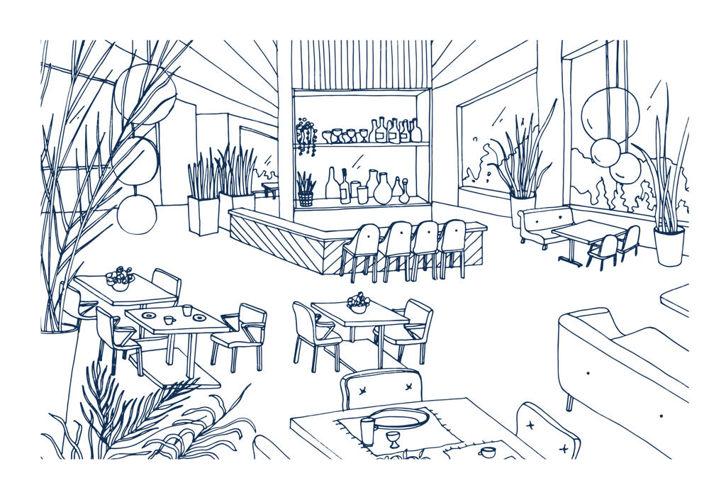 طراحی داخلی رستوران یا بیسترو با مبلمان مدرن، کشیده به سبک دست‌ آزاد. طراحی دستی کافی‌شاپ یا بار با دکور به سبک لوفت شیک. تصویرسازی سیاه و سفید.