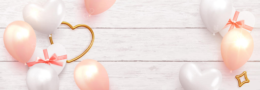 بنر رمانتیک و عروسی: طراحی پس‌زمینه با جعبه‌های هدیه قلبی شکل، بادکنک‌های صورتی و سفید. پوستر افقی و هدر سایت با نمای بالا بر روی زمینه چوبی.  تصویرسازی وکتور