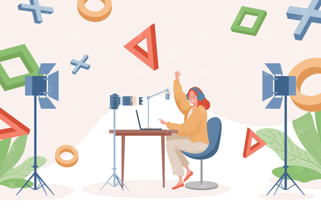 تصویرسازی مسطح استریم آنلاین: زنی در حال بازی ویدیویی و ضبط ویدیو روی لپ‌تاپ.