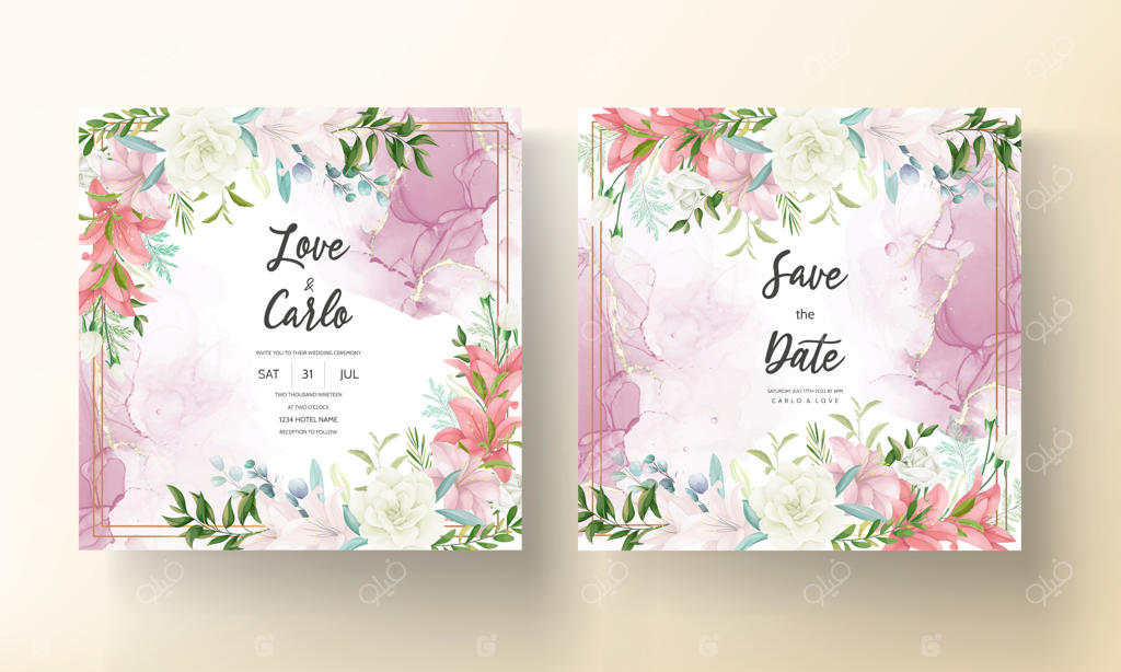 کارت دعوت عروسی شیک با طراحی دستی گل‌ها و برگ‌های لطیف