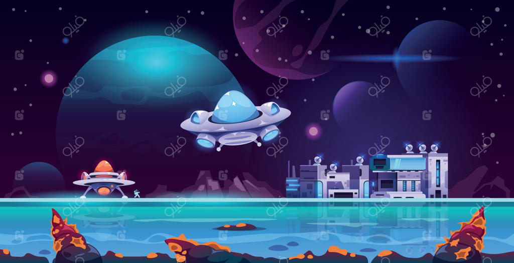 چشم‌انداز کلونی بیگانگان: کارتون آینده‌نگر از سیاره مریخ، ایستگاه فضایی بر سطح کهکشان و مفهوم اکتشاف جهان.  وکتور.