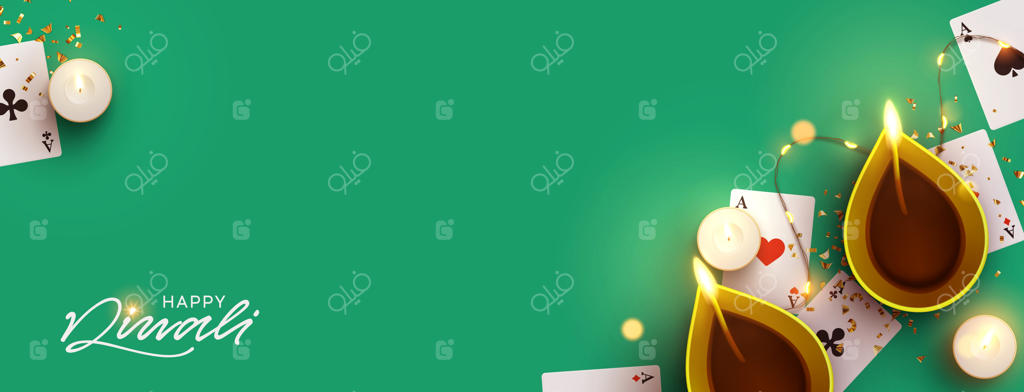 بنر جشنواره دیوالی؛ جشن نورها و عید مذهبی هندوهای هند، طرح واقع‌گرایانه چراغ روغنی سنتی، شمع و کارت بازی، تصویر وکتور