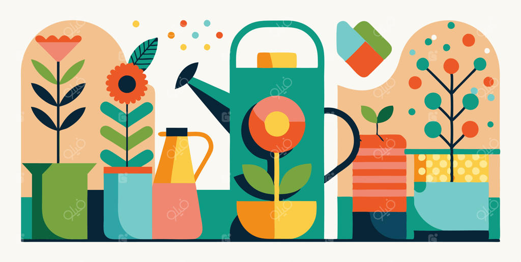 آبپاشی در میان گلدان‌ها و گل‌های رنگارنگ در باغچه قرار دارد.