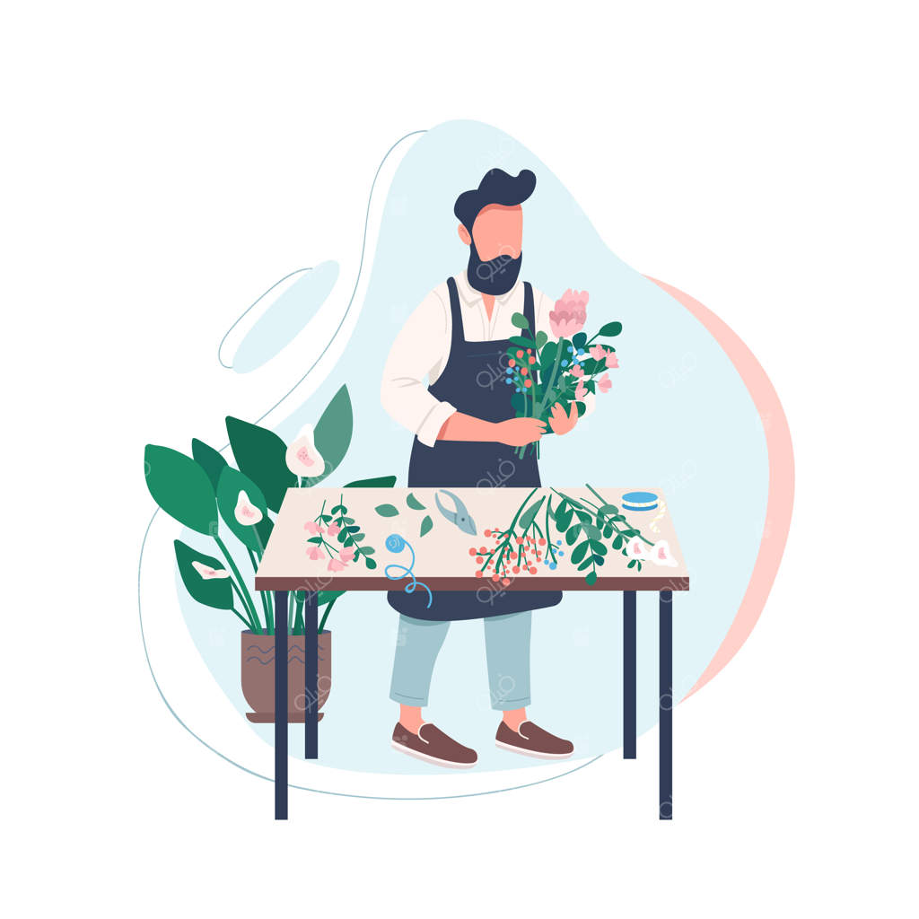 شخصیت بدون چهره و رنگی گل‌فروش حرفه‌ای. مردی در حال چیدمان گل‌ها. باغبان مرد. سرگرمی خلاقانه. کارگاه گل‌آرایی - تصویرسازی انیمیشنی برای طراحی گرافیک وب