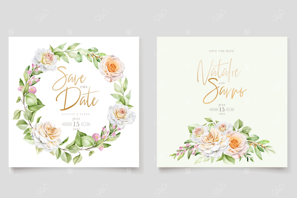 مجموعه کارت دعوت عروسی با طراحی دستی گل‌های رز زیبا