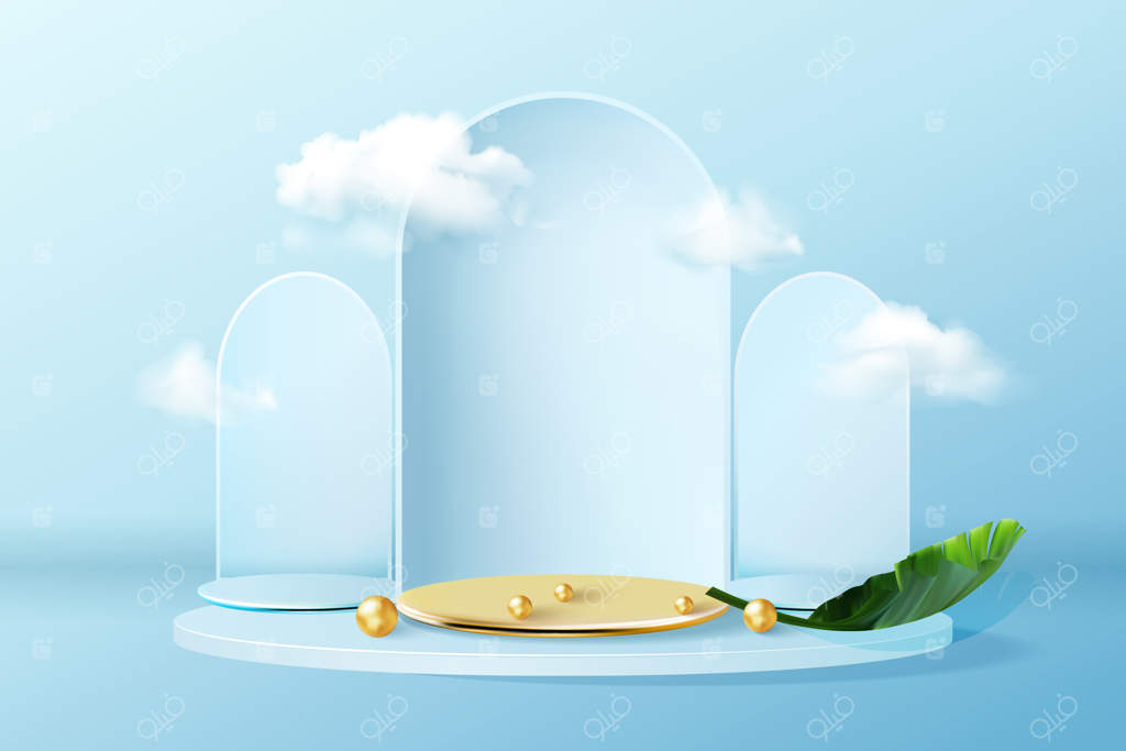 استیج طلایی خالی با ابرها برای ارائه محصول.