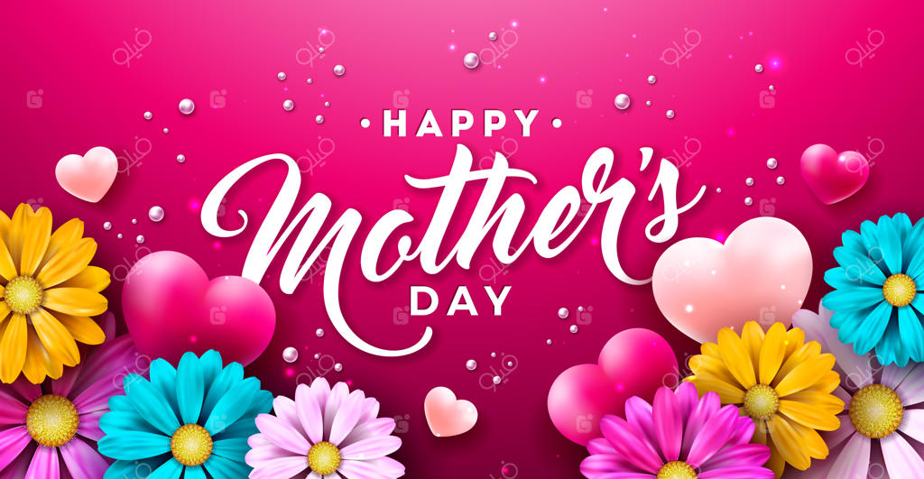 تصویرسازی روز مادر با قلبی از گل‌های بهاری و حروف‌نگاری روی زمینه‌ی قرمز