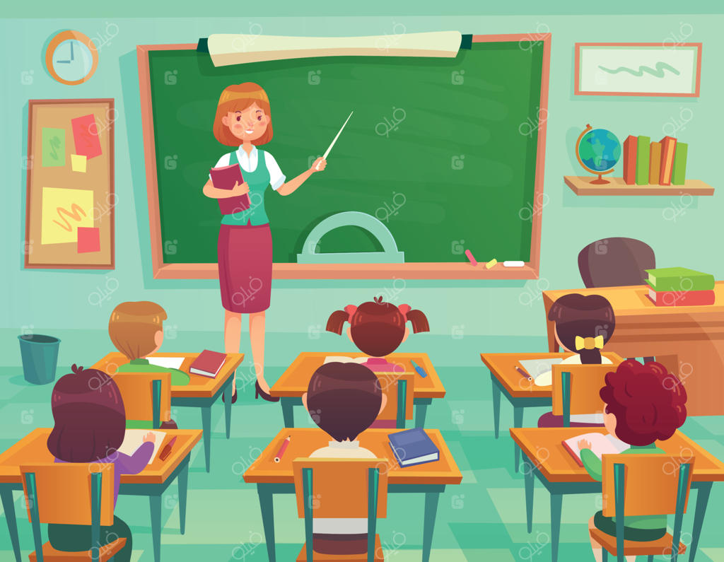 کلاس درس با کودکان: معلم یا استاد در کلاس مدرسه ابتدایی آموزش می‌دهد. یادگیری دانش‌آموزان در درس‌ها، تصویرسازی وکتوری