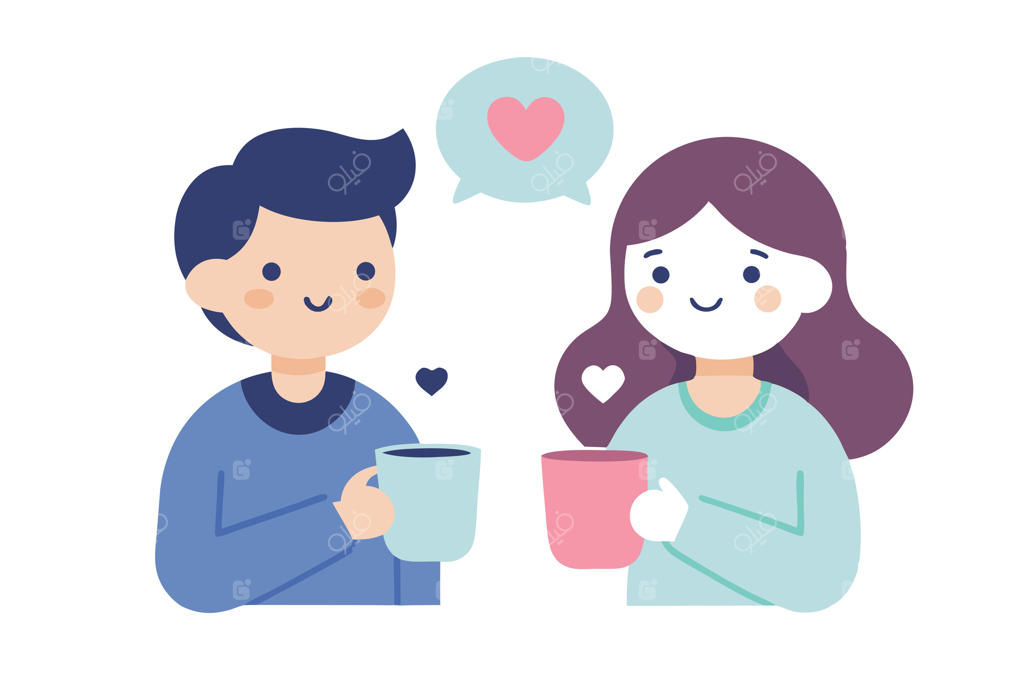 زوج کارتونی خوشحال با یک فنجان قهوه و حباب فکری پر از عشق