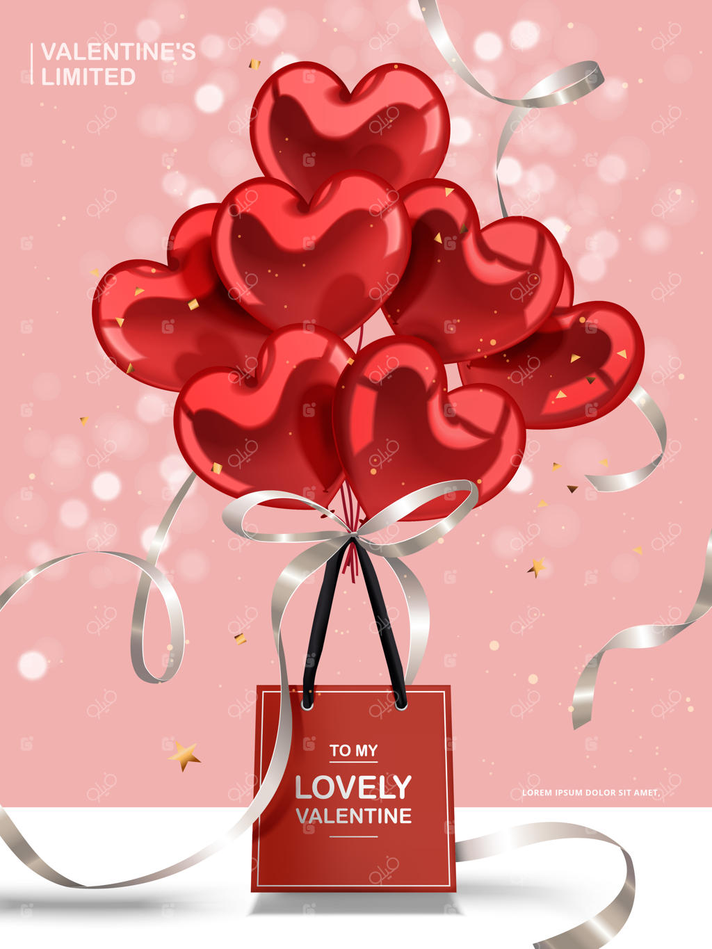 کارت تبریک روز ولنتاین، بادکنک‌های قلبی قرمز و روبان‌های نقره‌ای با کیف کاغذی قرمز