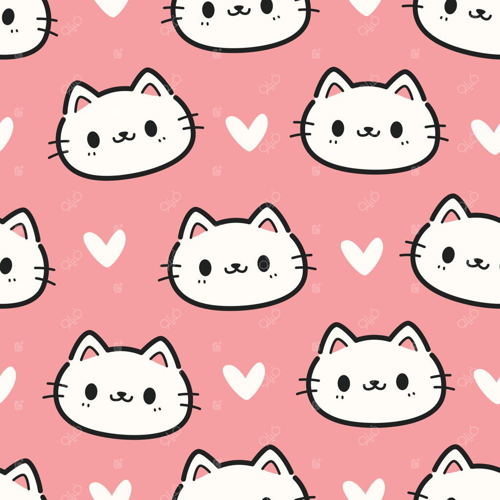 پس‌زمینه پترن بی‌وقفه با صورت گربه‌های بامزه و قلب‌ها، طرح کارتونی بچه‌گانه روی صورتی برای کودکان