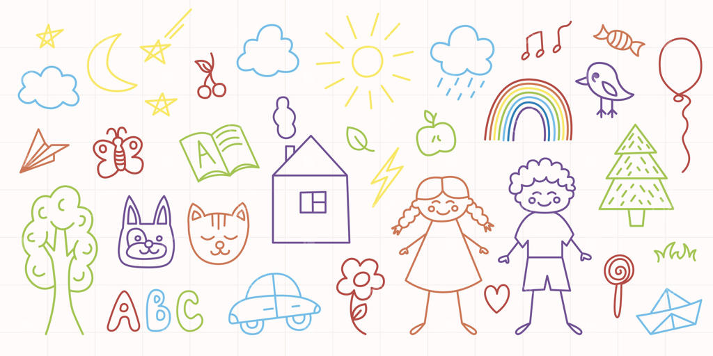 مجموعه سرسره کودکانه. عناصر بامزه و رنگارنگ مهدکودک به سبک کارتونی. اسباب بازی‌های بچگانه، حیوانات، طبیعت، آب‌نبات. تصویرسازی دستی با خطوط برجسته و ماژیک رنگی.