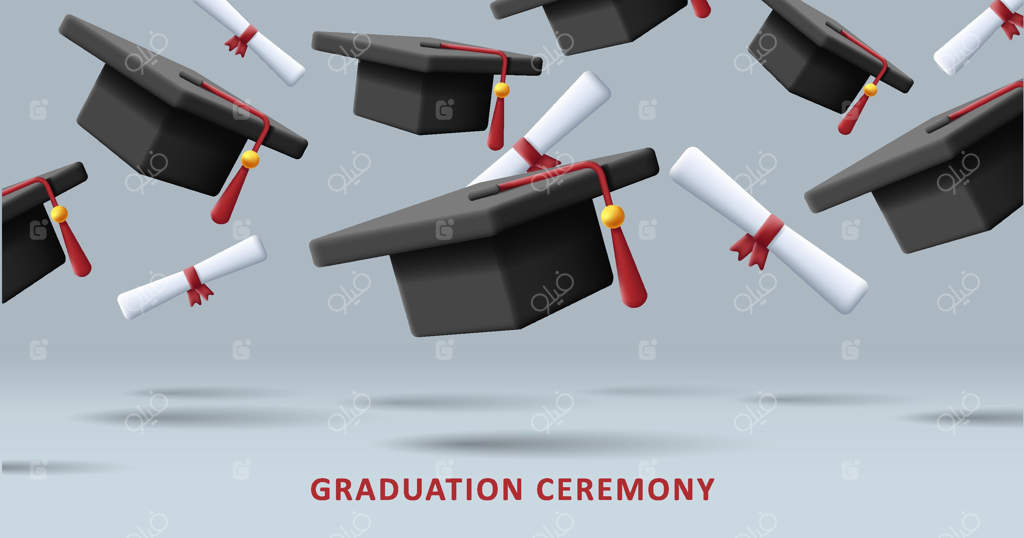 بنر مراسم فارغ‌التحصیلی با کلاه‌های دانشگاهی سه‌بعدی و طومارهای دیپلم