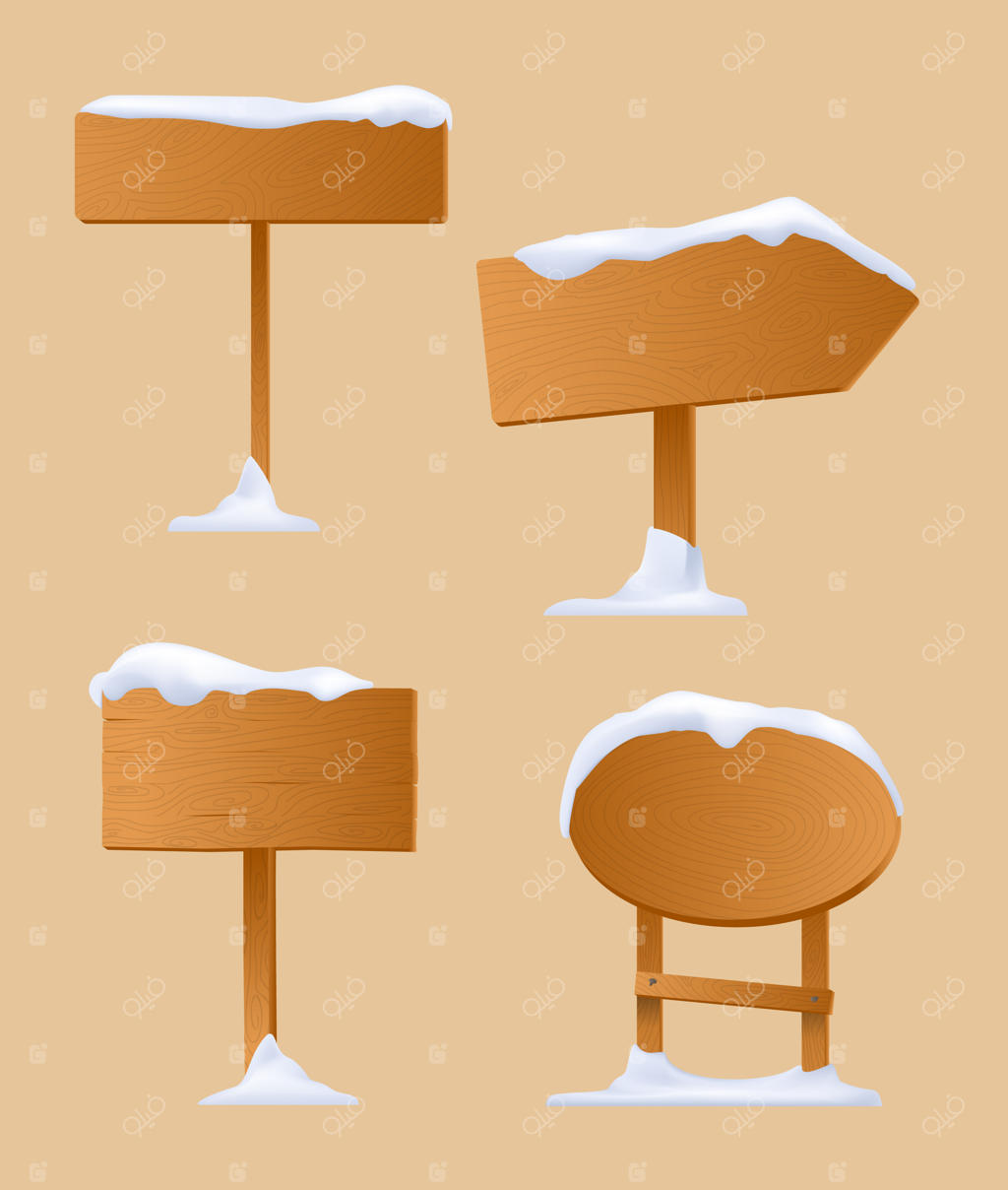 مجموعه‌ای از تابلوهای جاده‌ای چوبی در سبک کارتونی زمستانی برفی